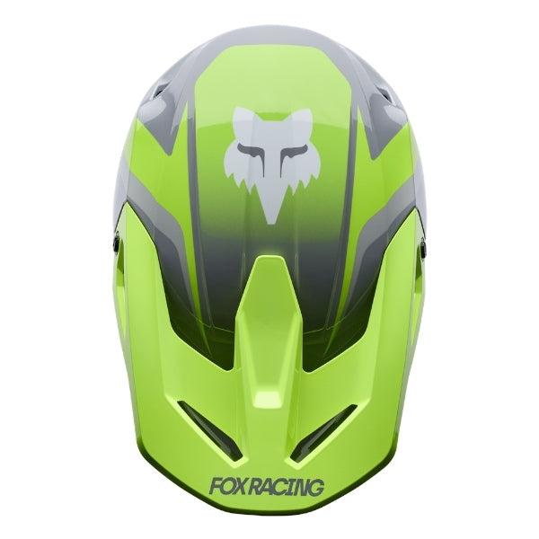 Fox Racing V1 Frame Helmet (Youth) in Red, rear view, with the rear shell vents, lower neck opening, molded shell ribs, and Fox lettering. Available options—Color: Black, Neon Pink, Blue, Grey/Yellow, Red; Size: Y-SM, Y-MD, Y-LG.