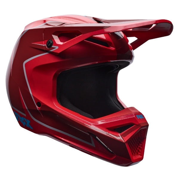 Fox Racing V1 Raid Helmet (Youth) in Rust, left-side profile, with the extended visor, open face port, angular chin bar, side vents, and Fox graphics. Available options—Color: Rust, Purple Lava; Size: Y-SM, Y-MD, Y-LG. SKU 40618-180-YS. UPC 198571130803.