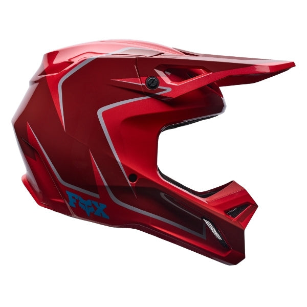 Fox Racing V1 Raid Helmet (Youth) in Rust, right-side profile, with the extended visor, open face port, angular chin bar, side vents, and Fox graphics. Available options—Color: Rust, Purple Lava; Size: Y-SM, Y-MD, Y-LG. SKU 40618-180-YM. UPC 198571130810.