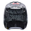 Fox Racing V1 Abyss Helmet in Black, rear view, with the rear shell vents, lower neck opening, molded shell ribs, and Fox lettering. Available options—Color: Black; Size: XS, SM, MD, LG, XL, 2X. SKU 40623-001-L. UPC 198571121771.