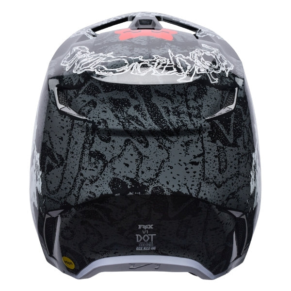 Fox Racing V1 Abyss Helmet in Black, rear view, with the rear shell vents, lower neck opening, molded shell ribs, and Fox lettering. Available options—Color: Black; Size: XS, SM, MD, LG, XL, 2X. SKU 40623-001-L. UPC 198571121771.