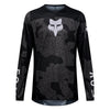 Fox Racing 180 BNKR Jersey in Black Camo, front product view, with the crew neck, long sleeves, large Fox chest graphic, contrasting arm panels, and curved drop-tail hem. Available options—Color: Black Camo; Size: XS, SM, MD, LG, XL, 2X. SKU 40649-247-XS. UPC 198571123300.