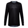 Fox Racing 180 Blackout Jersey in Black, front product view, with the crew neck, long sleeves, large Fox chest graphic, contrasting arm panels, and curved drop-tail hem. Available options—Color: Black; Size: XS, SM, MD, LG, XL, 2X, 3X. SKU 40650-001-XS. UPC 198571122822.