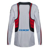 Fox Racing 180 Honda Jersey in White/Red, rear product view, with the back graphic, shoulder panels, long sleeves, and drop-tail hem. Available options—Color: White/Red; Size: XS, SM, MD, LG, XL, 2X. SKU 40652-077-S. UPC 198571132722.