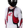 Fox Racing 180 Honda Jersey in White/Red, modeled front three-quarter view, with the crew neck, long sleeves, contrasting shoulder and arm graphics, and extended rear hem on a rider. Available options—Color: White/Red; Size: XS, SM, MD, LG, XL, 2X. SKU 40652-077-M. UPC 198571132739.