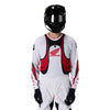 Fox Racing 180 Honda Jersey in White/Red, close-up of the sleeve graphic and cuff, with the printed Fox artwork, mesh-knit texture, reinforced seam lines, and shaped cuff or hem. Available options—Color: White/Red; Size: XS, SM, MD, LG, XL, 2X. SKU 40652-077-XL. UPC 198571132753.
