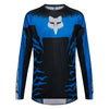 Fox Racing 180 HD38 Jersey in Black/Blue, front product view, with the crew neck, long sleeves, large Fox chest graphic, contrasting arm panels, and curved drop-tail hem. Available options—Color: Black/Blue; Size: XS, SM, MD, LG, XL, 2X. SKU 40653-013-XS. UPC 198571135167.