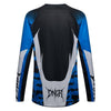 Fox Racing 180 HD38 Jersey in Black/Blue, rear product view, with the back graphic, shoulder panels, long sleeves, and drop-tail hem. Available options—Color: Black/Blue; Size: XS, SM, MD, LG, XL, 2X. SKU 40653-013-S. UPC 198571135174.