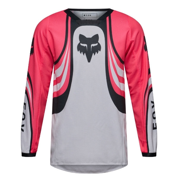 Fox Racing 180 Draft Jersey (Youth) in White, front product view, with the crew neck, long sleeves, large Fox chest graphic, contrasting arm panels, and curved drop-tail hem. Available options—Color: White, Sunburst; Size: Y-SM, Y-MD, Y-LG, Y-XL. SKU 40654-008-YS. UPC 198571132203.