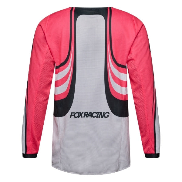 Fox Racing 180 Draft Jersey (Youth) in White, rear product view, with the back graphic, shoulder panels, long sleeves, and drop-tail hem. Available options—Color: White, Sunburst; Size: Y-SM, Y-MD, Y-LG, Y-XL. SKU 40654-008-YM. UPC 198571132210.