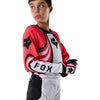 Fox Racing 180 Draft Jersey (Youth) in White, close-up of the chest and shoulder panels, with the printed Fox artwork, mesh-knit texture, reinforced seam lines, and shaped cuff or hem. Available options—Color: White, Sunburst; Size: Y-SM, Y-MD, Y-LG, Y-XL. SKU 40654-008-YXL. UPC 198571132234.