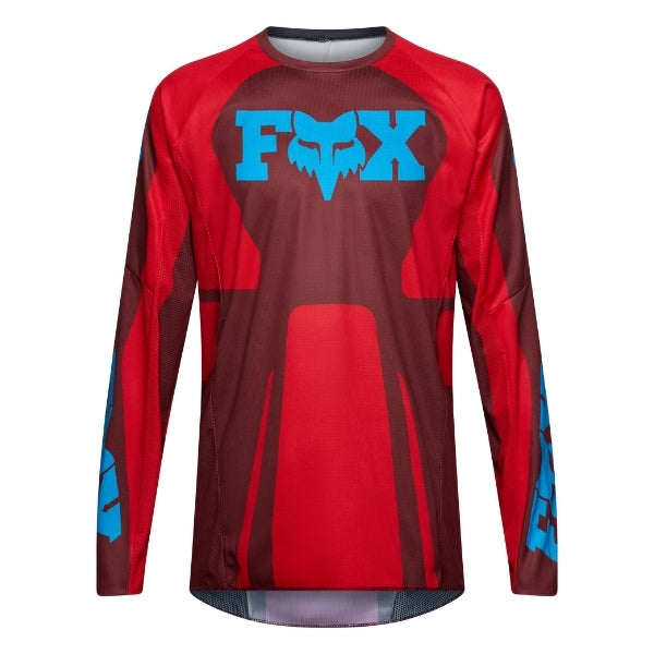 Fox Racing 180 Raid Jersey in Rust, front product view, with the crew neck, long sleeves, large Fox chest graphic, contrasting arm panels, and curved drop-tail hem. Available options—Color: Rust, Purple Lava, Deep Fern; Size: XS, SM, MD, LG, XL, 2X. SKU 40655-180-XS. UPC 198571130834.