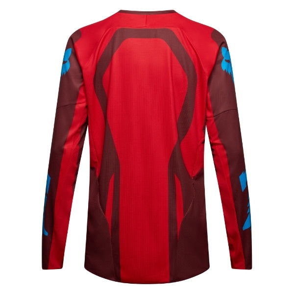 Fox Racing 180 Raid Jersey in Rust, rear product view, with the back graphic, shoulder panels, long sleeves, and drop-tail hem. Available options—Color: Rust, Purple Lava, Deep Fern; Size: XS, SM, MD, LG, XL, 2X. SKU 40655-180-S. UPC 198571130841.