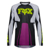 Fox Racing 180 Raid Jersey in Purple Lava, front product view, with the crew neck, long sleeves, large Fox chest graphic, contrasting arm panels, and curved drop-tail hem. Available options—Color: Rust, Purple Lava, Deep Fern; Size: XS, SM, MD, LG, XL, 2X. SKU 40655-E07-XS. UPC 198571129227.