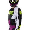 Fox Racing 180 Raid Jersey in Purple Lava, modeled front three-quarter view, with the crew neck, long sleeves, contrasting shoulder and arm graphics, and extended rear hem on a rider. Available options—Color: Rust, Purple Lava, Deep Fern; Size: XS, SM, MD, LG, XL, 2X. SKU 40655-E07-M. UPC 198571129241.