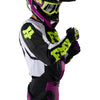 Fox Racing 180 Raid Jersey in Purple Lava, close-up of the chest and shoulder panels, with the printed Fox artwork, mesh-knit texture, reinforced seam lines, and shaped cuff or hem. Available options—Color: Rust, Purple Lava, Deep Fern; Size: XS, SM, MD, LG, XL, 2X. SKU 40655-E07-L. UPC 198571129258.