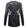 Fox Racing 180 Abyss Jersey in Black, rear product view, with the back graphic, shoulder panels, long sleeves, and drop-tail hem. Available options—Color: Black; Size: XS, SM, MD, LG, XL, 2X. SKU 40656-001-S. UPC 198571122273.