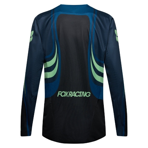 Fox Racing 180 Draft Jersey in Black, rear product view, with the back graphic, shoulder panels, long sleeves, and drop-tail hem. Available options—Color: White, Black, Sunburst; Size: XS, SM, MD, LG, XL, 2X. SKU 40657-001-S. UPC 198571122662.