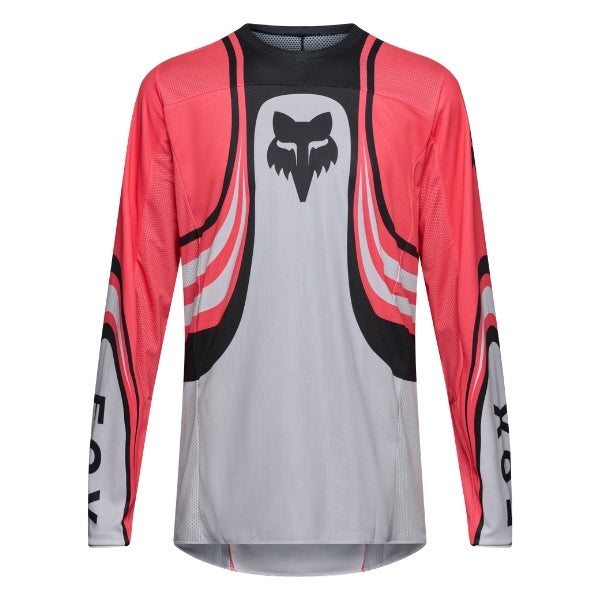 Fox Racing 180 Draft Jersey in White, front product view, with the crew neck, long sleeves, large Fox chest graphic, contrasting arm panels, and curved drop-tail hem. Available options—Color: White, Black, Sunburst; Size: XS, SM, MD, LG, XL, 2X. SKU 40657-008-XS. UPC 198571132302.