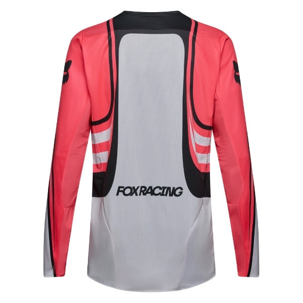 Fox Racing 180 Draft Jersey in White, rear product view, with the back graphic, shoulder panels, long sleeves, and drop-tail hem. Available options—Color: White, Black, Sunburst; Size: XS, SM, MD, LG, XL, 2X. SKU 40657-008-S. UPC 198571132319.
