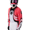 Fox Racing 180 Draft Jersey in White, modeled front three-quarter view, with the crew neck, long sleeves, contrasting shoulder and arm graphics, and extended rear hem on a rider. Available options—Color: White, Black, Sunburst; Size: XS, SM, MD, LG, XL, 2X. SKU 40657-008-M. UPC 198571132326.