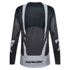 Fox Racing Flexair Thorn Jersey in Black/White, rear product view, with the back graphic, shoulder panels, long sleeves, and drop-tail hem. Available options—Color: Black/White, Purple Lava, Red; Size: SM, MD, LG, XL, 2X. SKU 40658-018-M. UPC 198571123737.