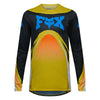 Fox Racing Flexair Arc Jersey in Yellow, front product view, with the crew neck, long sleeves, large Fox chest graphic, contrasting arm panels, and curved drop-tail hem. Available options—Color: Yellow, Ice Blue, Chili; Size: SM, MD, LG, XL, 2X. SKU 40659-005-S. UPC 198571132845.