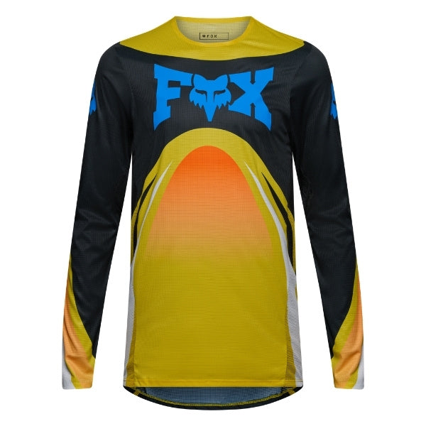 Fox Racing Flexair Arc Jersey in Yellow, front product view, with the crew neck, long sleeves, large Fox chest graphic, contrasting arm panels, and curved drop-tail hem. Available options—Color: Yellow, Ice Blue, Chili; Size: SM, MD, LG, XL, 2X. SKU 40659-005-S. UPC 198571132845.