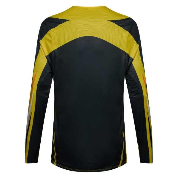 Fox Racing Flexair Arc Jersey in Yellow, rear product view, with the back graphic, shoulder panels, long sleeves, and drop-tail hem. Available options—Color: Yellow, Ice Blue, Chili; Size: SM, MD, LG, XL, 2X. SKU 40659-005-M. UPC 198571132852.