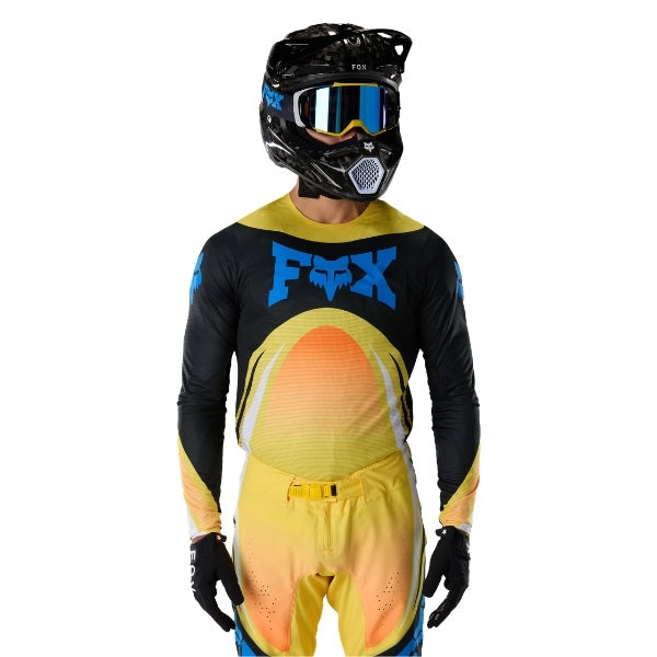 Fox Racing Flexair Arc Jersey in Yellow, close-up of the sleeve graphic and cuff, with the printed Fox artwork, mesh-knit texture, reinforced seam lines, and shaped cuff or hem. Available options—Color: Yellow, Ice Blue, Chili; Size: SM, MD, LG, XL, 2X. SKU 40659-005-2X. UPC 198571132883.