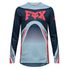 Fox Racing Flexair Arc Jersey in Ice Blue, rear product view, with the back graphic, shoulder panels, long sleeves, and drop-tail hem. Available options—Color: Yellow, Ice Blue, Chili; Size: SM, MD, LG, XL, 2X. SKU 40659-231-M. UPC 198571126448.