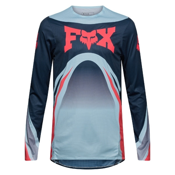 Fox Racing Flexair Arc Jersey in Ice Blue, rear product view, with the back graphic, shoulder panels, long sleeves, and drop-tail hem. Available options—Color: Yellow, Ice Blue, Chili; Size: SM, MD, LG, XL, 2X. SKU 40659-231-M. UPC 198571126448.