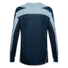 Fox Racing Flexair Arc Jersey in Ice Blue, modeled front three-quarter view, with the crew neck, long sleeves, contrasting shoulder and arm graphics, and extended rear hem on a rider. Available options—Color: Yellow, Ice Blue, Chili; Size: SM, MD, LG, XL, 2X. SKU 40659-231-L. UPC 198571126455.