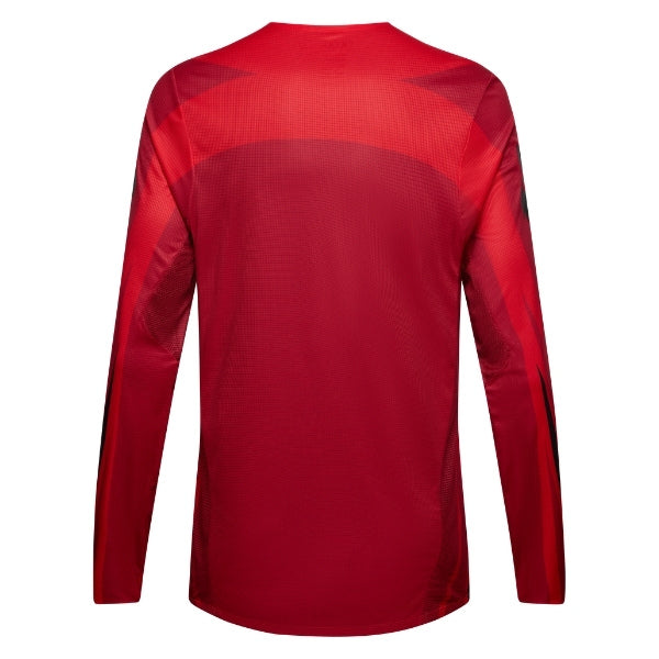 Fox Racing Flexair Arc Jersey in Chili, close-up of the chest and shoulder panels, with the printed Fox artwork, mesh-knit texture, reinforced seam lines, and shaped cuff or hem. Available options—Color: Yellow, Ice Blue, Chili; Size: SM, MD, LG, XL, 2X. SKU 40659-555-XL. UPC 198571124628.