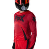 Fox Racing Flexair Arc Jersey in Chili, close-up of the sleeve graphic and cuff, with the printed Fox artwork, mesh-knit texture, reinforced seam lines, and shaped cuff or hem. Available options—Color: Yellow, Ice Blue, Chili; Size: SM, MD, LG, XL, 2X. SKU 40659-555-2X. UPC 198571124635.