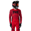 Fox Racing Flexair Arc Jersey in Chili, full modeled front view, with the crew neck, long sleeves, contrasting shoulder and arm graphics, and extended rear hem on a rider. Available options—Color: Yellow, Ice Blue, Chili; Size: SM, MD, LG, XL, 2X.