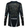 Fox Racing Flexair Apex Jersey in Black, rear product view, with the back graphic, shoulder panels, long sleeves, and drop-tail hem. Available options—Color: Black; Size: SM, MD, LG, XL, 2X. SKU 40660-001-M. UPC 198571133538.