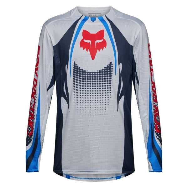Fox Racing 360 Temper Jersey in White, front product view, with the crew neck, long sleeves, large Fox chest graphic, contrasting arm panels, and curved drop-tail hem. Available options—Color: White, Grape, Yellow; Size: SM, MD, LG, XL, 2X. SKU 40662-008-S. UPC 198571132364.