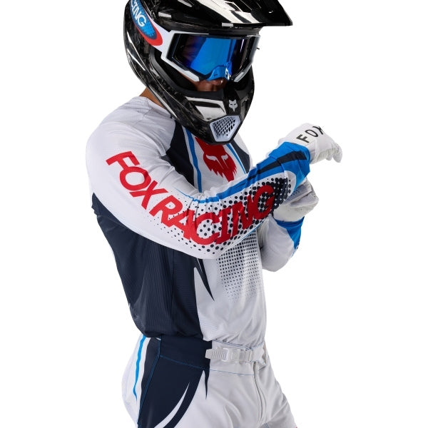 Fox Racing 360 Temper Jersey in White, close-up of the chest and shoulder panels, with the printed Fox artwork, mesh-knit texture, reinforced seam lines, and shaped cuff or hem. Available options—Color: White, Grape, Yellow; Size: SM, MD, LG, XL, 2X. SKU 40662-008-XL. UPC 198571132395.