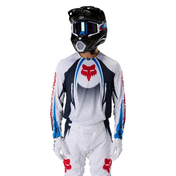 Fox Racing 360 Temper Jersey in White, close-up of the sleeve graphic and cuff, with the printed Fox artwork, mesh-knit texture, reinforced seam lines, and shaped cuff or hem. Available options—Color: White, Grape, Yellow; Size: SM, MD, LG, XL, 2X. SKU 40662-008-2X. UPC 198571132401.