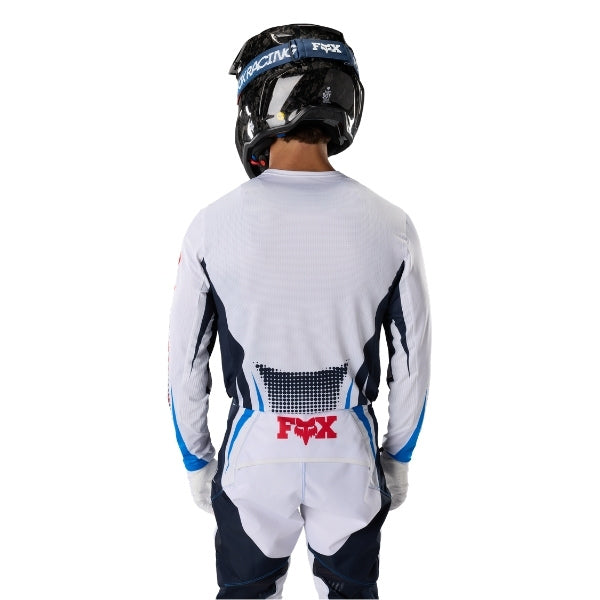 Fox Racing 360 Temper Jersey in Grape, front product view, with the crew neck, long sleeves, large Fox chest graphic, contrasting arm panels, and curved drop-tail hem. Available options—Color: White, Grape, Yellow; Size: SM, MD, LG, XL, 2X. SKU 40662-443-S. UPC 198571125779.