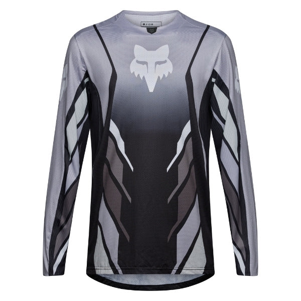 Fox Racing 360 Foundry Jersey in Black/Grey, front product view, with the crew neck, long sleeves, large Fox chest graphic, contrasting arm panels, and curved drop-tail hem. Available options—Color: Black/Grey, Flo Red, Sky Blue, HiViz Yellow; Size: SM, MD, LG, XL, 2X. SKU 40664-014-S. UPC 198571123409.
