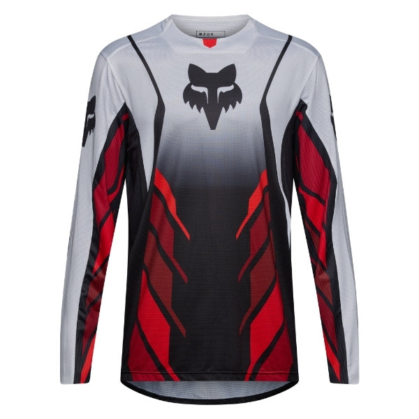 Fox Racing 360 Foundry Jersey in Flo Red, rear product view, with the back graphic, shoulder panels, long sleeves, and drop-tail hem. Available options—Color: Black/Grey, Flo Red, Sky Blue, HiViz Yellow; Size: SM, MD, LG, XL, 2X. SKU 40664-110-M. UPC 198571125472.