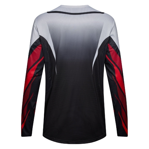 Fox Racing 360 Foundry Jersey in Flo Red, modeled front three-quarter view, with the crew neck, long sleeves, contrasting shoulder and arm graphics, and extended rear hem on a rider. Available options—Color: Black/Grey, Flo Red, Sky Blue, HiViz Yellow; Size: SM, MD, LG, XL, 2X. SKU 40664-110-L. UPC 198571125489.