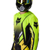 Fox Racing 360 Foundry Jersey in HiViz Yellow, close-up of the lower hem and drop-tail panel, with the printed Fox artwork, mesh-knit texture, reinforced seam lines, and shaped cuff or hem. Available options—Color: Black/Grey, Flo Red, Sky Blue, HiViz Yellow; Size: SM, MD, LG, XL, 2X.