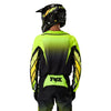 Fox Racing 360 Foundry Jersey in HiViz Yellow, front product view, with the crew neck, long sleeves, large Fox chest graphic, contrasting arm panels, and curved drop-tail hem. Available options—Color: Black/Grey, Flo Red, Sky Blue, HiViz Yellow; Size: SM, MD, LG, XL, 2X.