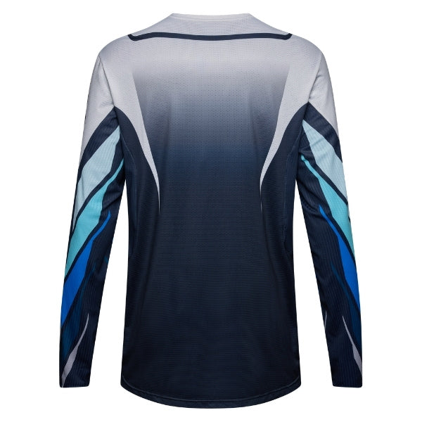 Fox Racing 360 Foundry Jersey in Sky Blue, close-up of the chest and shoulder panels, with the printed Fox artwork, mesh-knit texture, reinforced seam lines, and shaped cuff or hem. Available options—Color: Black/Grey, Flo Red, Sky Blue, HiViz Yellow; Size: SM, MD, LG, XL, 2X. SKU 40664-D67-XL. UPC 198571131268.