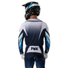 Fox Racing 360 Foundry Jersey in HiViz Yellow, modeled front three-quarter view, with the crew neck, long sleeves, contrasting shoulder and arm graphics, and extended rear hem on a rider. Available options—Color: Black/Grey, Flo Red, Sky Blue, HiViz Yellow; Size: SM, MD, LG, XL, 2X. SKU 40664-A46-L. UPC 198571126288.
