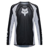 Fox Racing 180 Frame Jersey in Black, front product view, with the crew neck, long sleeves, large Fox chest graphic, contrasting arm panels, and curved drop-tail hem. Available options—Color: Blue, Grey/Yellow, Black, Red; Size: XS, SM, MD, LG, XL, 2X, 3X. SKU 40665-001-XS. UPC 198571122198.