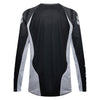 Fox Racing 180 Frame Jersey in Black, rear product view, with the back graphic, shoulder panels, long sleeves, and drop-tail hem. Available options—Color: Blue, Grey/Yellow, Black, Red; Size: XS, SM, MD, LG, XL, 2X, 3X. SKU 40665-001-S. UPC 198571122204.